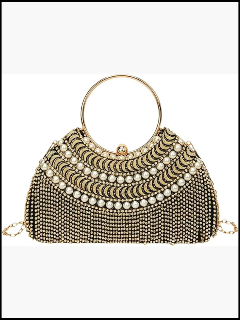 Fringe Pearl Rhinestones Clutch Purse Elegant Moon Evening Bag Handbag